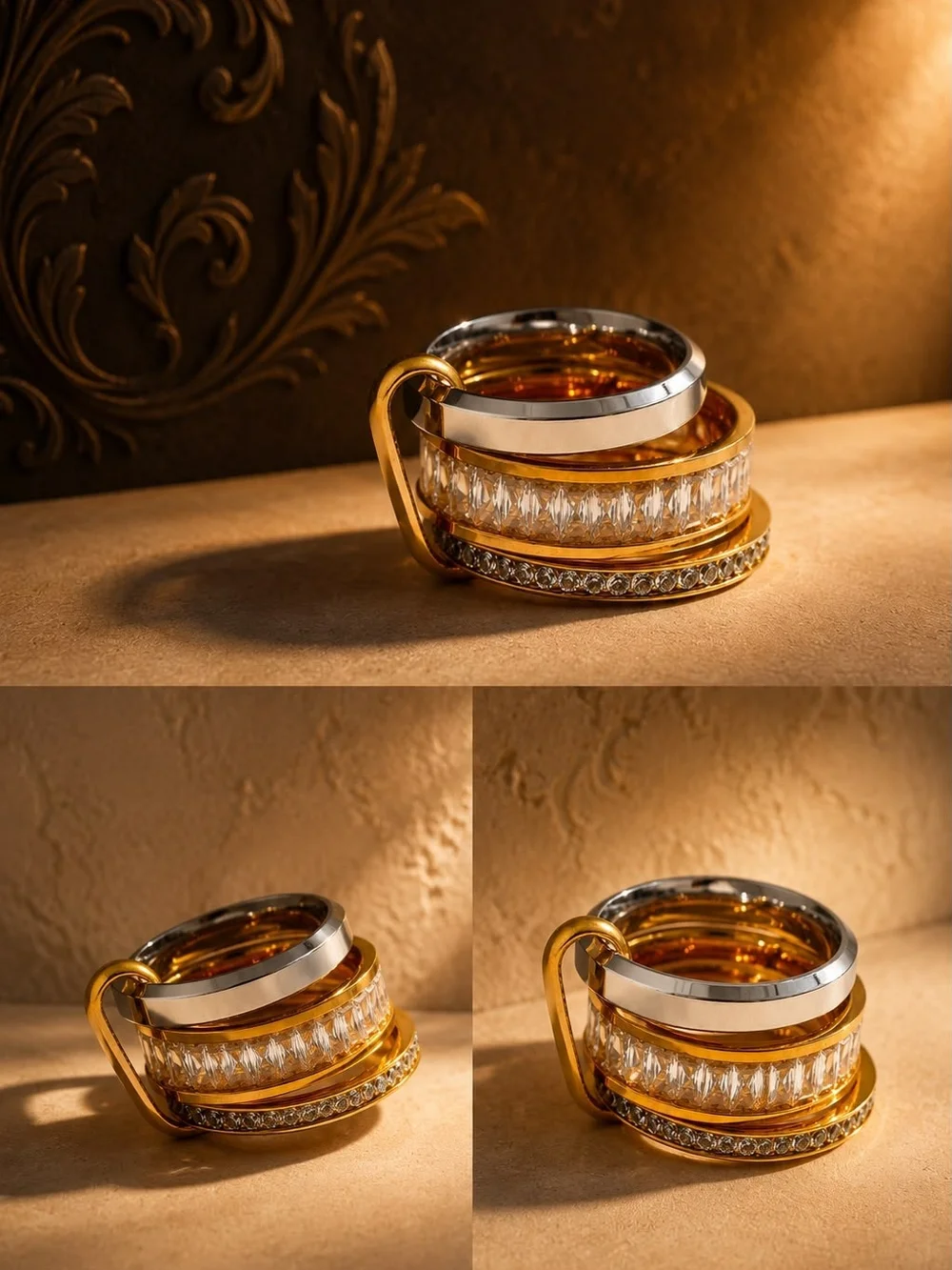 Gold and Silver Multi-Band Crystal Ring